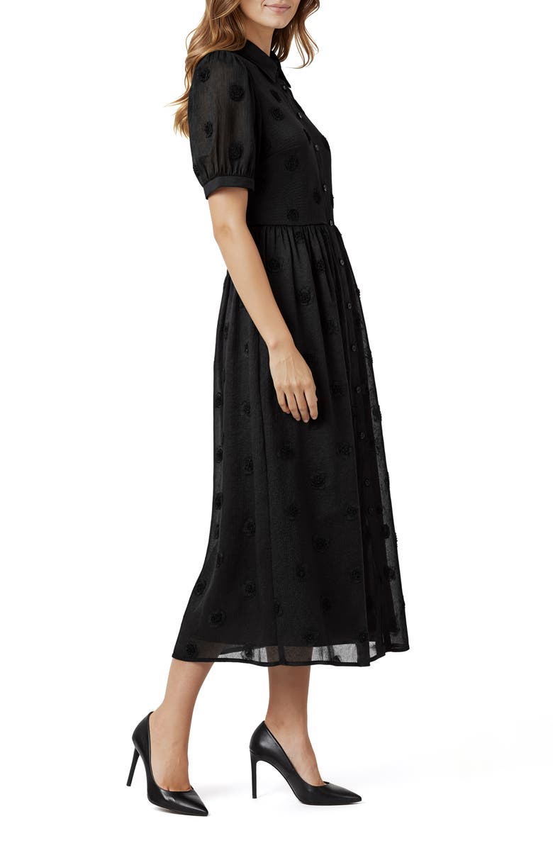 Mila Mae 3D Flower Puff Sleeve Midi Shirtdress, Alternate, color, Black