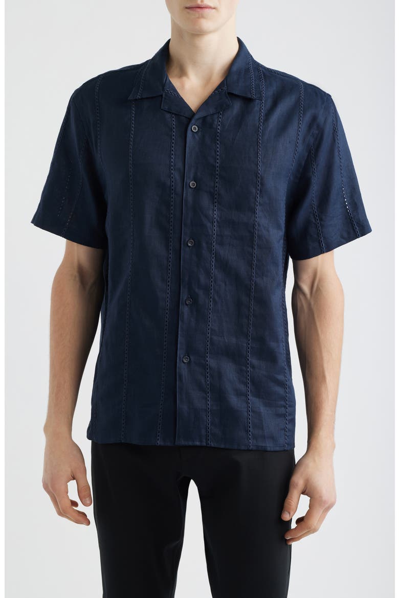 Eyelet Linen Button-Up Shirt, Main, color, COASTAL