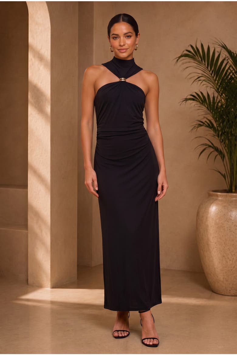 Pricilla High Neck Midi Dress, Alternate, color, Black