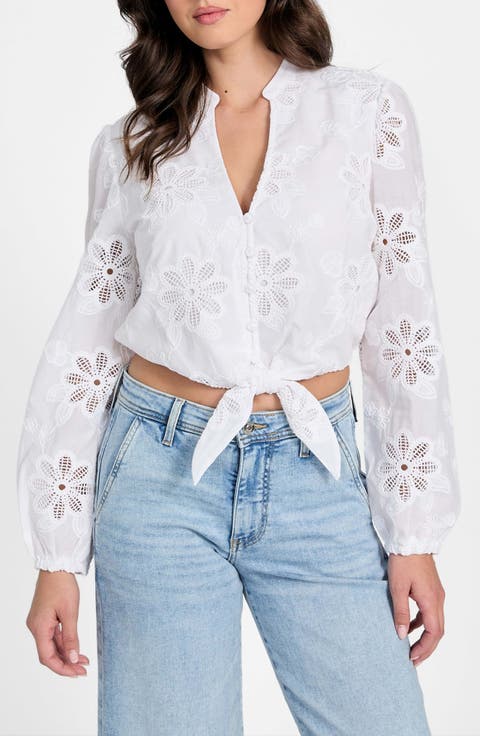 Hazel Floral Embroidered Long Sleeve Tie Front Top