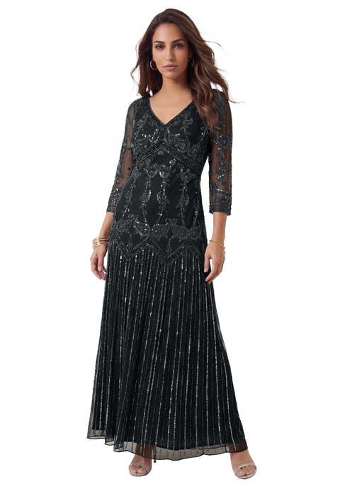 Plus Size Beaded V Neck 3/4 Sleeve Sleeve Maxi Gown