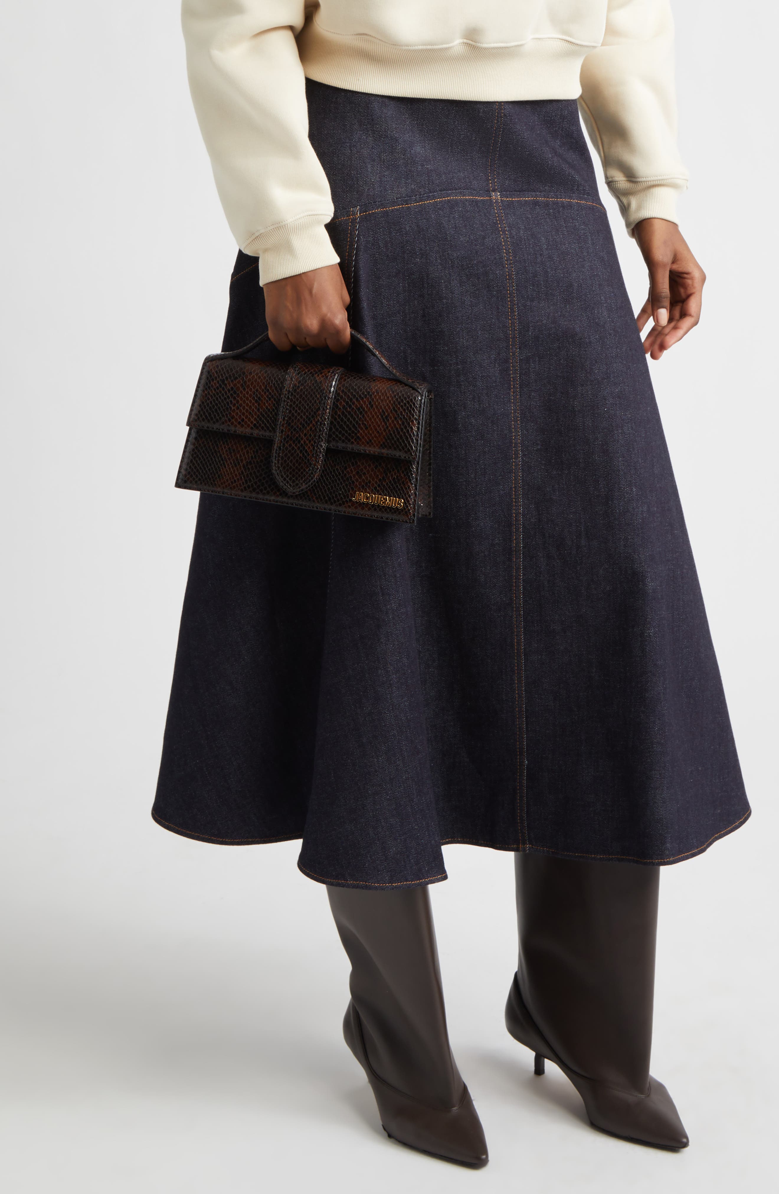 Jacquemus Le Grand Bambino Snakeskin Embossed Leather Shoulder Bag, Alternate, color, Dark Brown 880