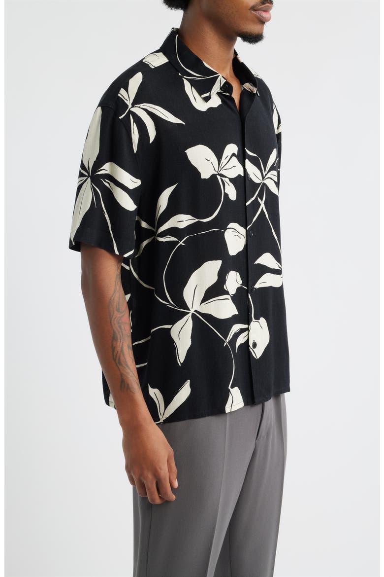 Slub Rayon Short Sleeve Button-Up Resort Shirt, Alternate, color, BLACK- IVORY LEAFY MODERN