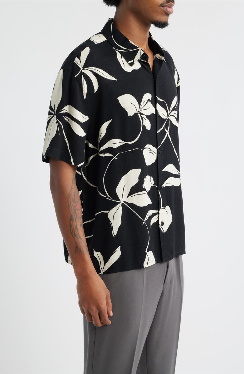 Open Edit Slub Rayon Short Sleeve Button-Up Resort Shirt, Alternate, color, Black- Ivory Leafy Modern