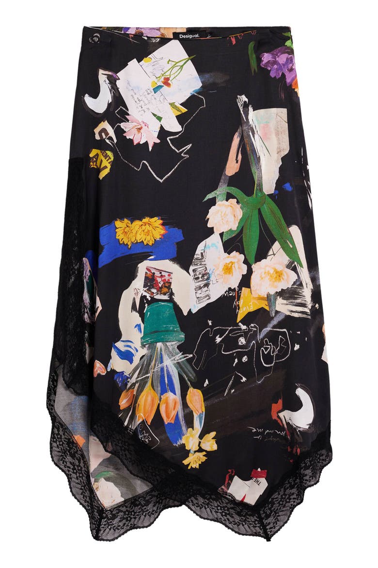 Floral Print Asymmetric Hem Skirt, Alternate, color, BLACK
