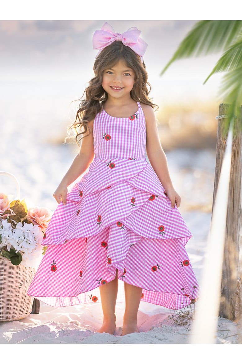 Girls Seaside Bloom Gingham Embroidered Floral Ruffle Dress, Alternate, color, Pink