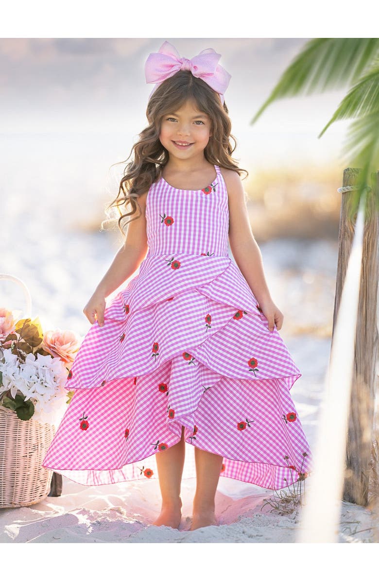 Mia Belle Girls Girls Seaside Bloom Gingham Embroidered Floral Ruffle Dress, Alternate, color, Pink