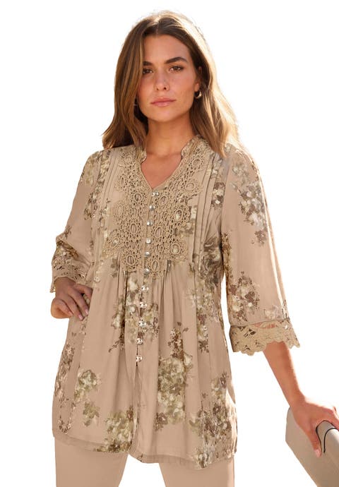 Plus Size Juliet Lace Trim Button-Down Shirt