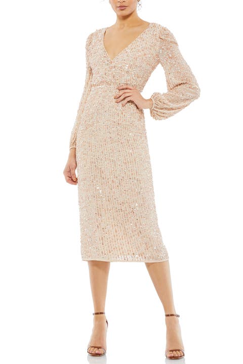 Sequin Faux Wrap V Neckline Cocktail Dress with Puff-Shoulder Sleeves