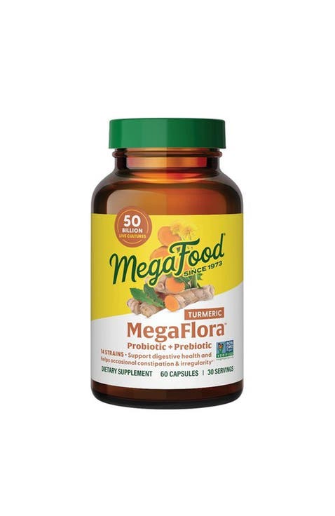 MegaFlora Probiotic + Prebiotic with Turmeric, 50 Billion CFU, Vegetarian, 60 Capsules
