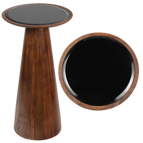Linden 21.5" Farmhouse Industrial Mango Wood Drink Table and Decorative End Table with Round Black Glass Top and Cone Pedestal Base