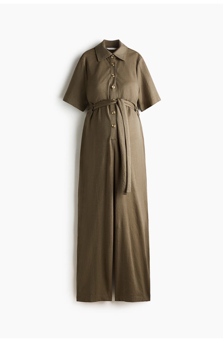 H&M Mama Short-sleeved Tie-belt Jumpsuit, Main, color, Khaki Green
