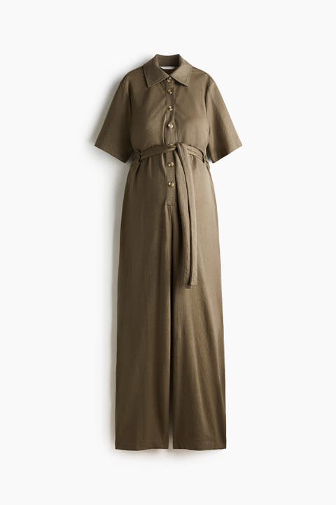Mama Short-sleeved Tie-belt Jumpsuit