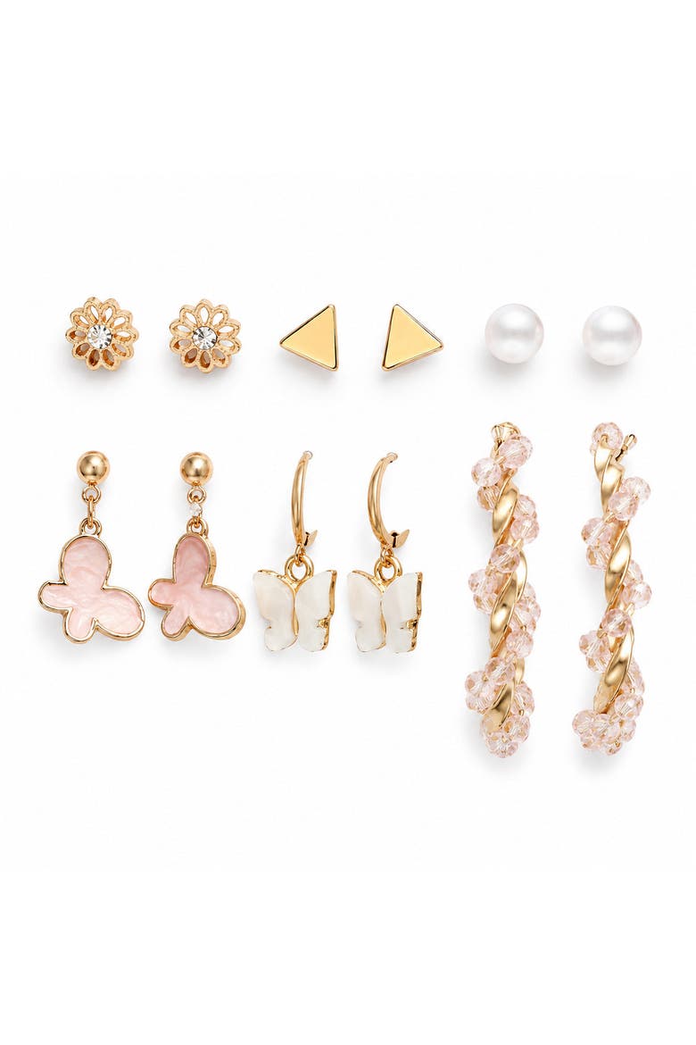 6-Pair 14K Gold-Plated Mixed Stud and Drop Earring Set, Main, color, Gold/Pink/White