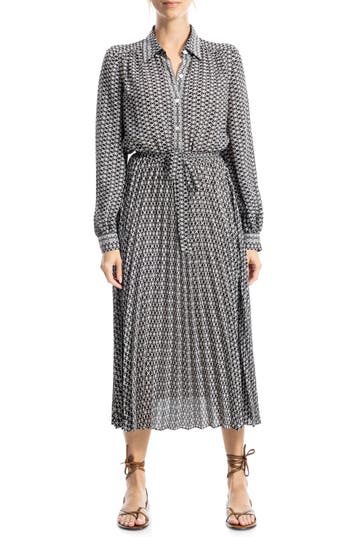 Max Studio Long Sleeve Pleated Shirtdress In Black/white Geo