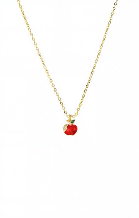 Pave Bitten Red Apple Charm Necklace