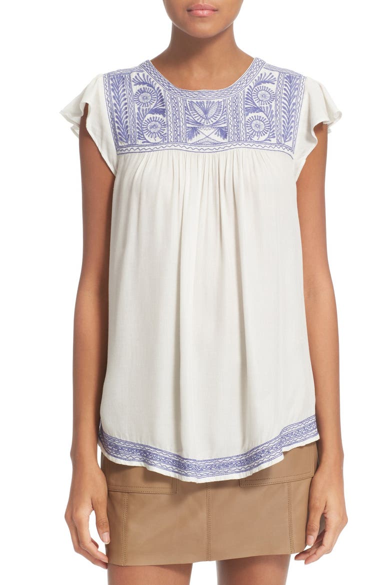 'Rankin' Embroidered Flutter Sleeve Top, Main, color, PORCELAIN/ BLUEBELL