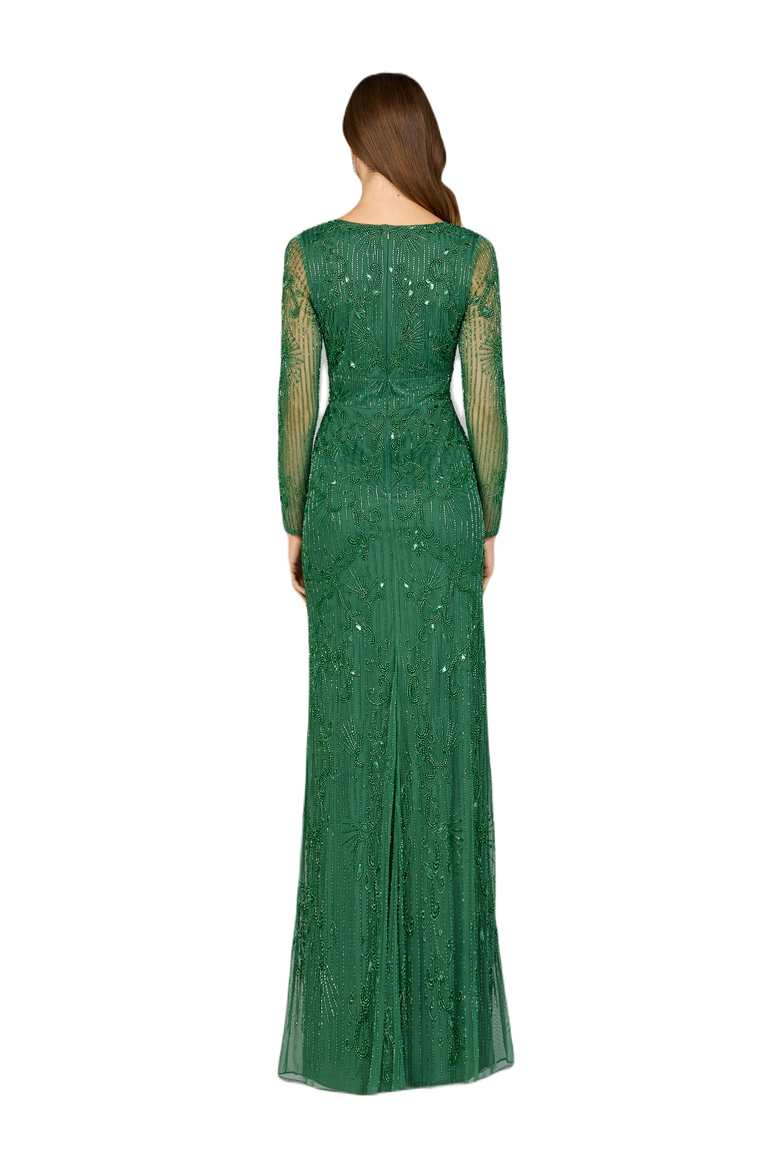 -Elegant Long Sleeve Beaded Gown, Alternate, color, ForestGreen