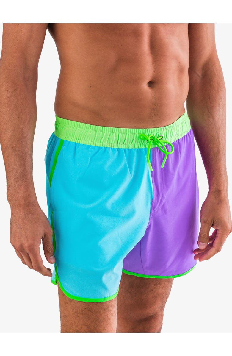 RuggedButts UPF50+ Sun Protected Men's Stretch Dolphin Hem Swim Trunks, Alternate, color, Neon Bright Aqua Color Block
