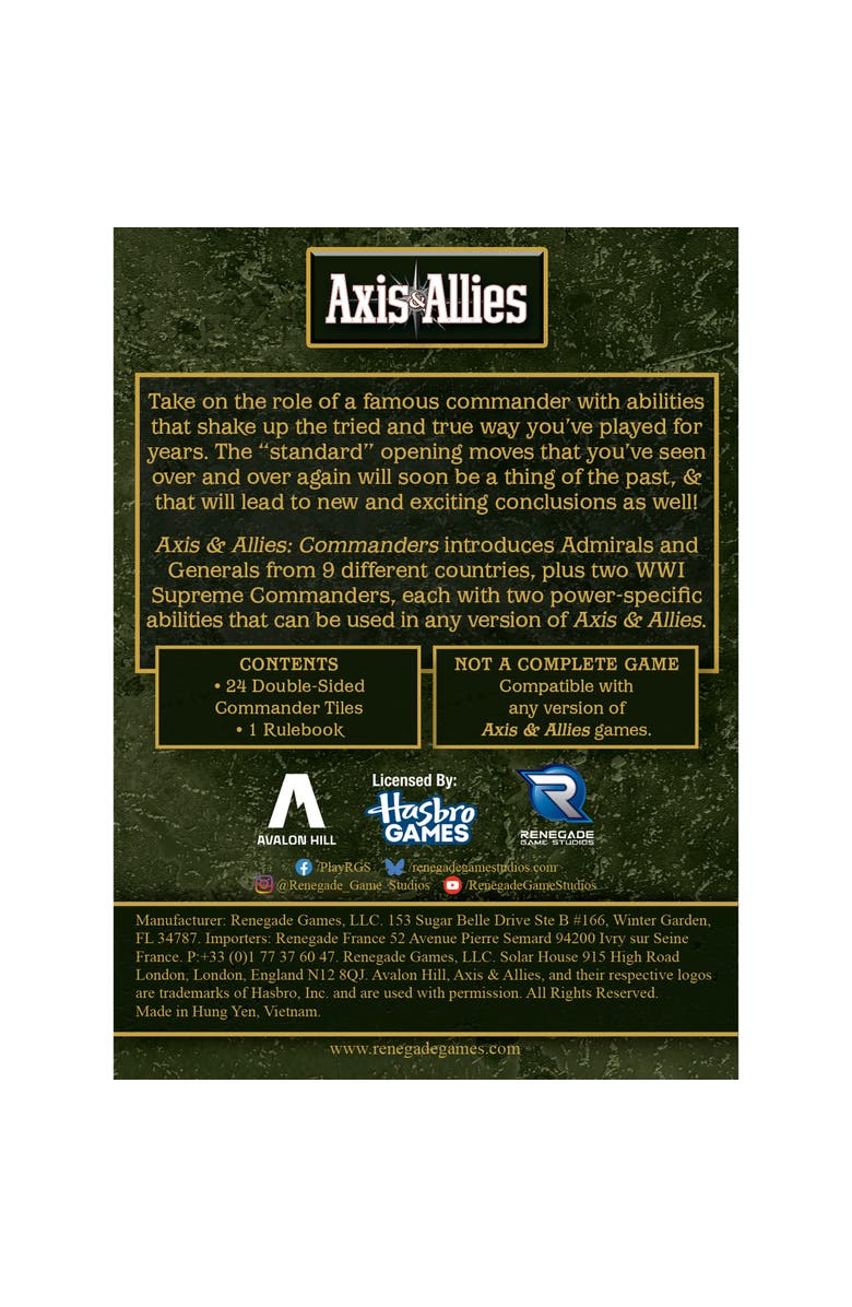 Renegade Game Studios Axis & Allies, Commanders, Strategy Game Expansion Accessory, Alternate, color, Multicolored