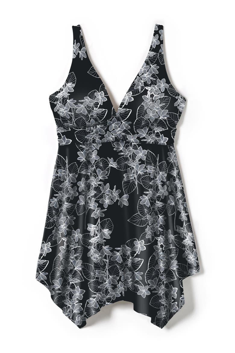 Handkerchief Hem Twist Front Tummy Control Two Piece Swim Dress, Alternate, color, BLACK WHITE STENCIL FLORAL