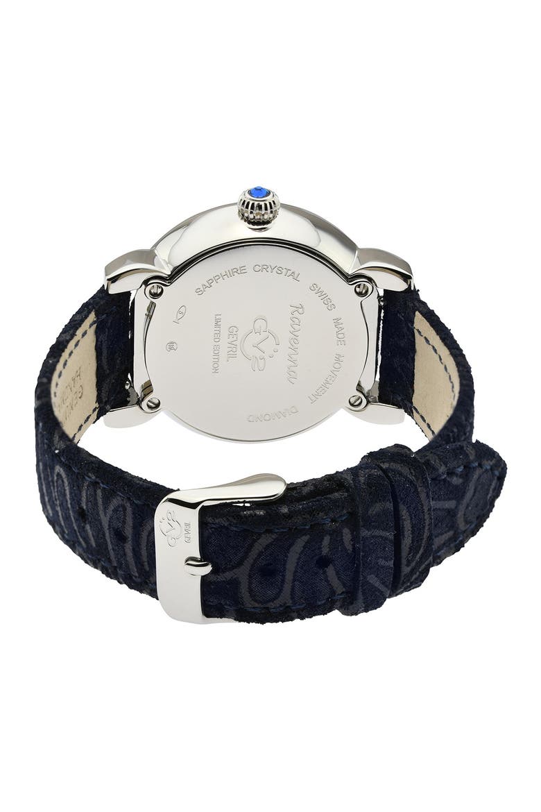 Ravenna Mother of Pearl Diamond Suede Embossed Strap Watch, 37mm - 0.053 ctw, Alternate, color, BLUE