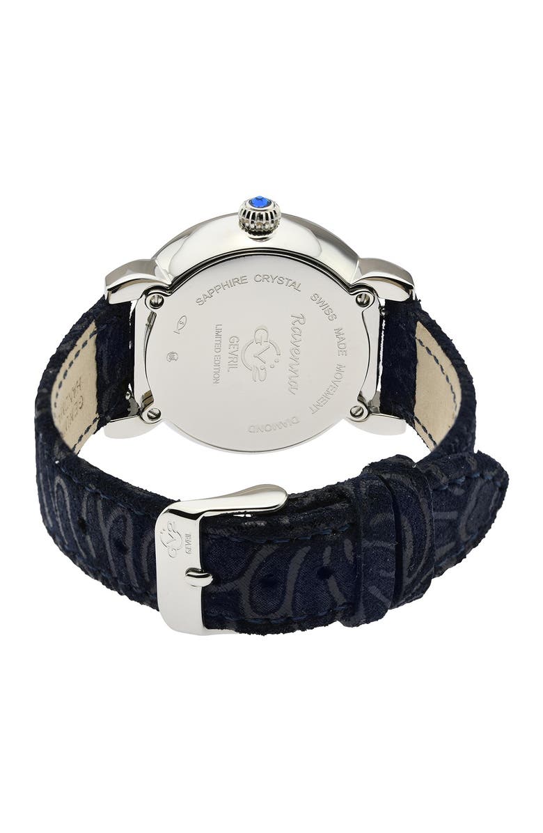 GV2 Ravenna Mother of Pearl Diamond Suede Embossed Strap Watch, 37mm - 0.053 ctw, Alternate, color, Blue