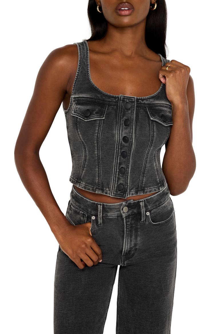 Jeanius Square Neck Cotton French Terry Corset Top, Main, color, BLACK322