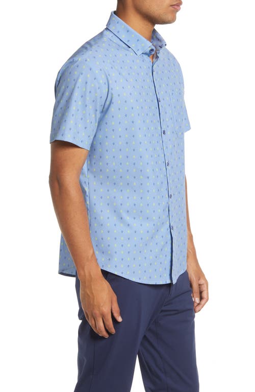 Mizzen + Main Leeward Trim Fit Leaf Print Short Sleeve Performance Button-up Shirt In Blue