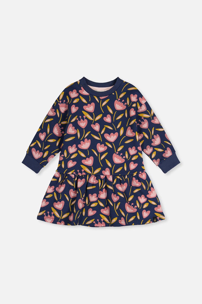 French Terry Raglan Sleeve Gathered Skirt Dress, Main, color, Blue Tulip Print