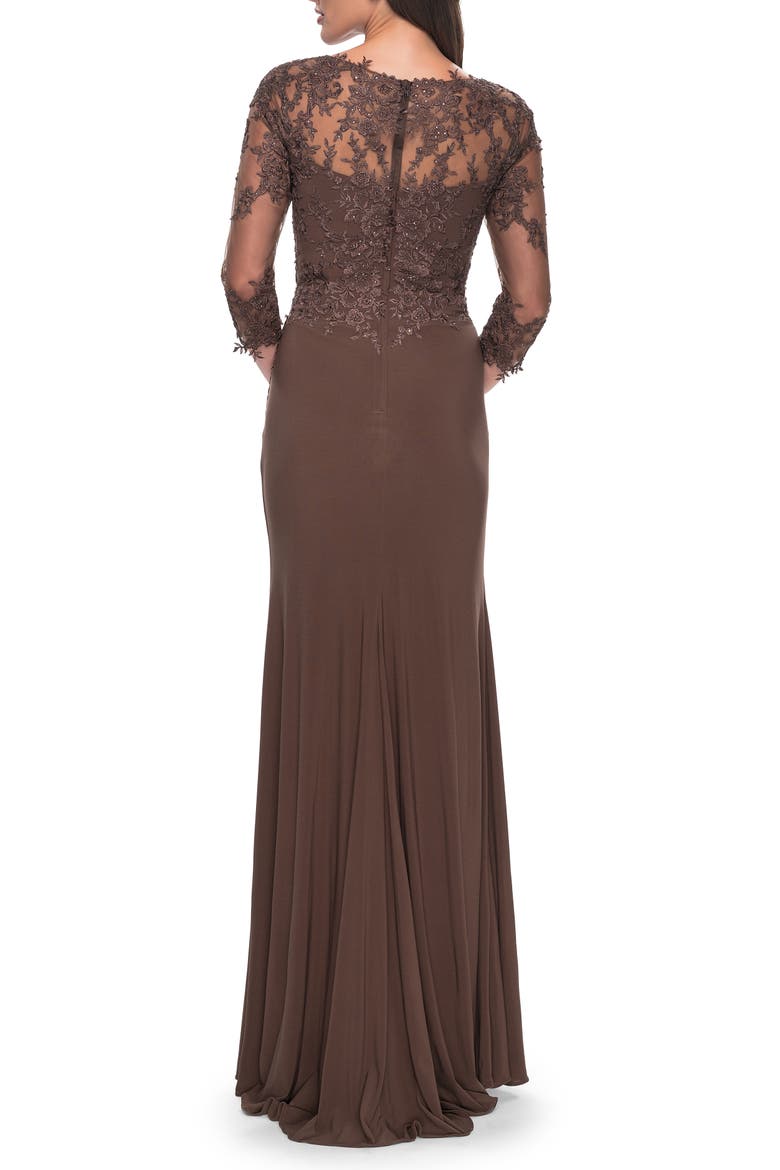 Lace and Net Jersey Gown with Illusion Sleeves, Alternate, color, Cocoa