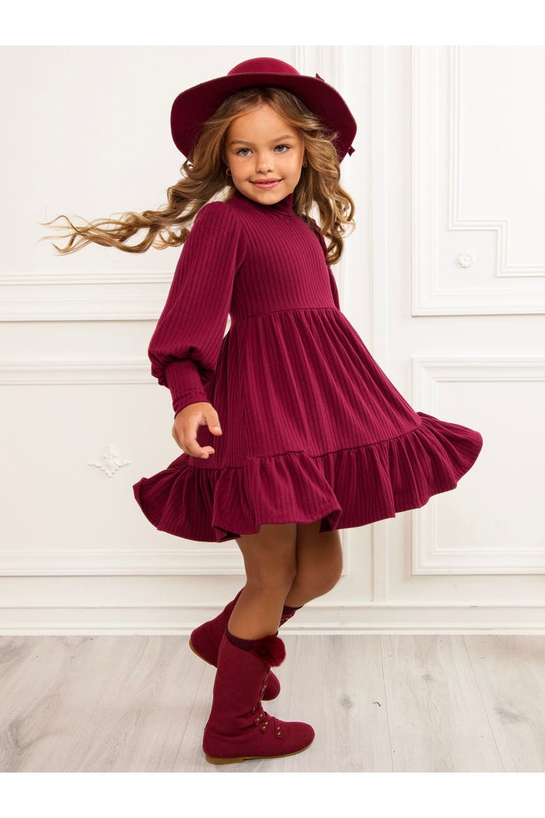 Snuggle & Twirl Ribbed Turtleneck Ruffle Dress, Alternate, color, Burgundy