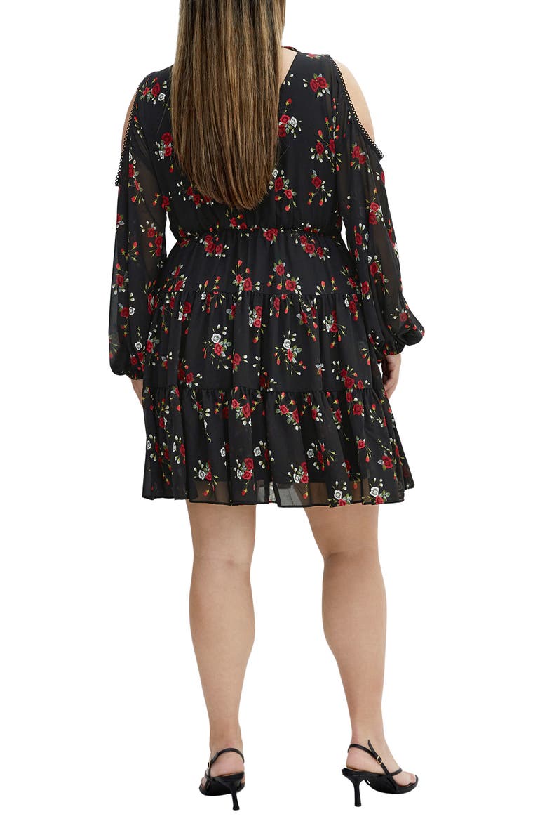 City Chic Maria Cold Shoulder Long Sleeve Minidress, Alternate, color, Dolce Ditsy Black