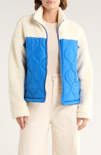 Thread & Supply Mixed Media Fleece & Quilted Panel Zip Jacket In White