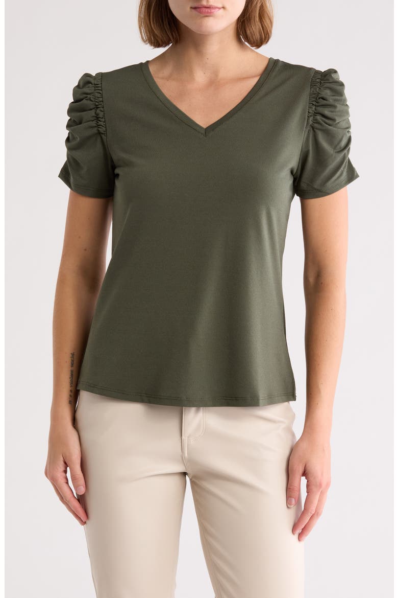 Ruched Sleeve V-Neck T-Shirt, Main, color, CYPRESS OLIVE