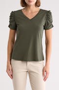 T Tahari Ruched Sleeve V-Neck T-Shirt