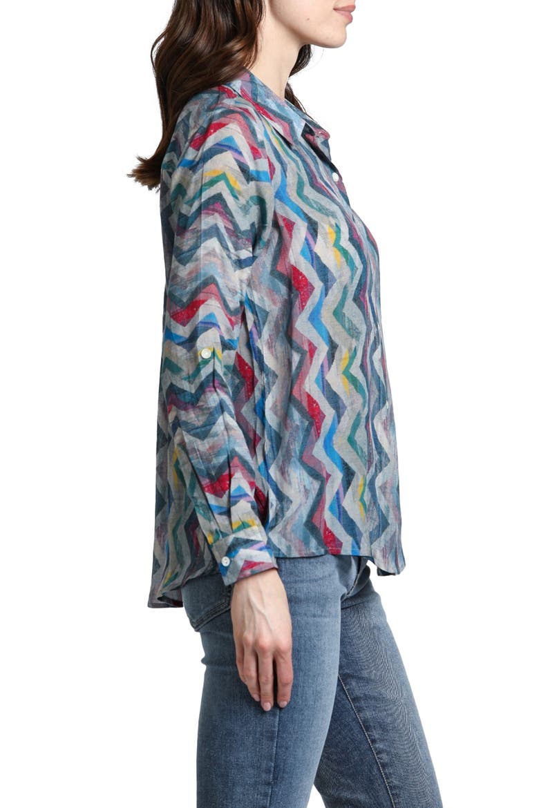 Abstract Print Roll Tab Sleeve Chiffon Button-Up Shirt, Alternate, color, BLUE/GREY MULTI