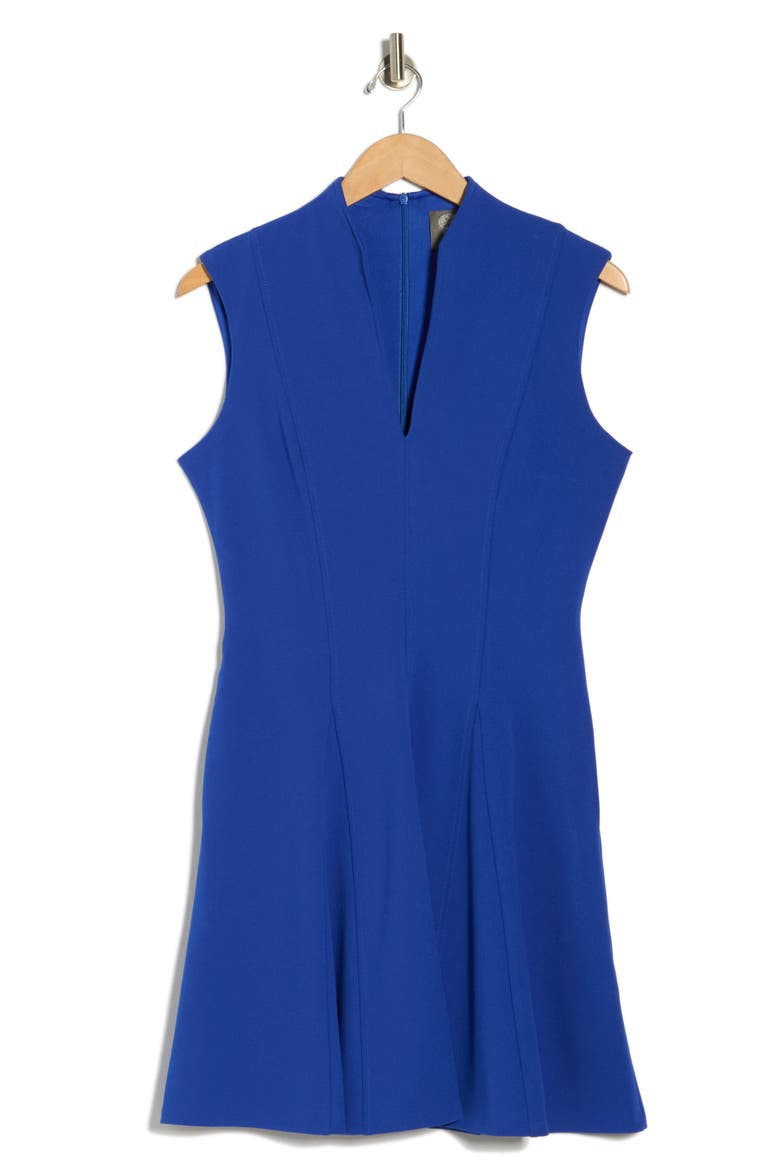 Scuba Crepe V-Neck Fit & Flare Dress, Alternate, color, COBALT