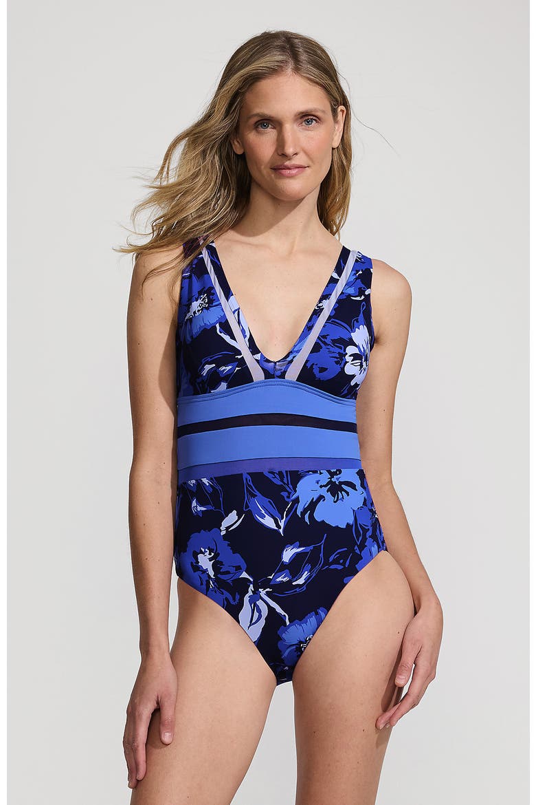 Mesh Plunge High Leg One Piece Swimsuit, Alternate, color, Blue Multi Abstract Floral