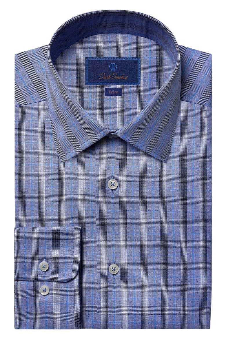 Trim Fit Glen Plaid Cotton Twill Dress Shirt, Main, color, BLUE