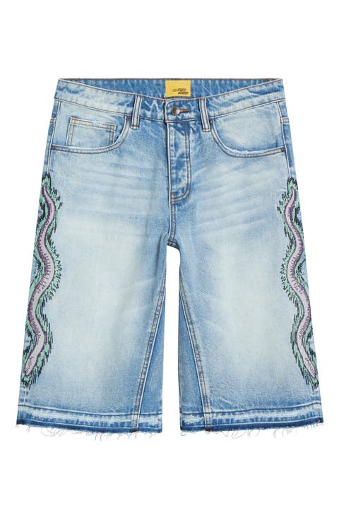 Snake Embroidered Denim Shorts