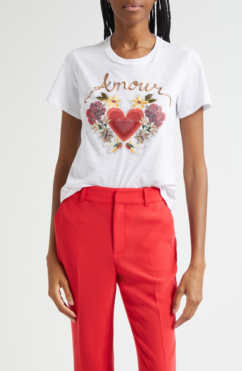 Cinq à Sept Western Amour Embroidered Cotton T-Shirt, Main, color, White