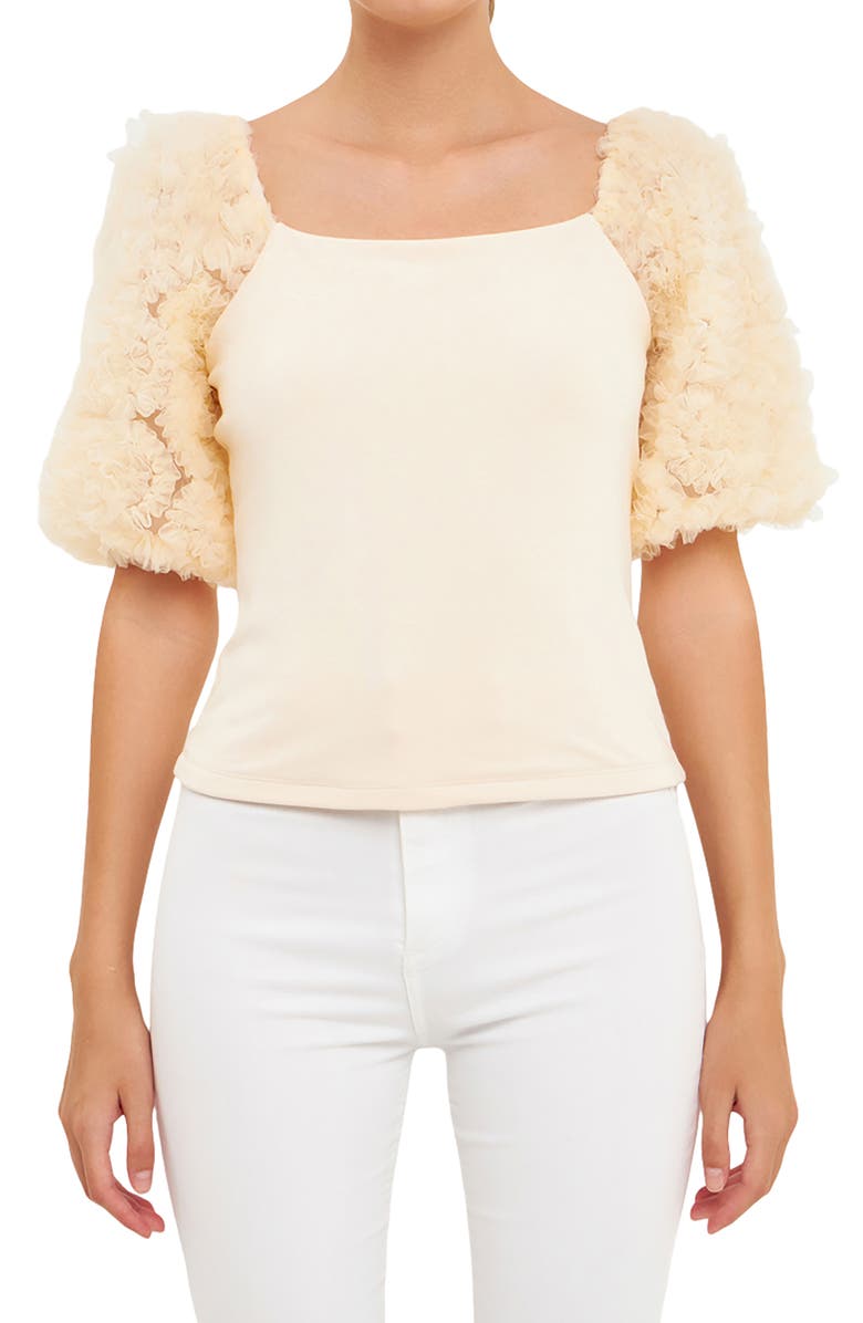 Endless Rose Tulle Puff Sleeve Blouse, Main, color, Ivory