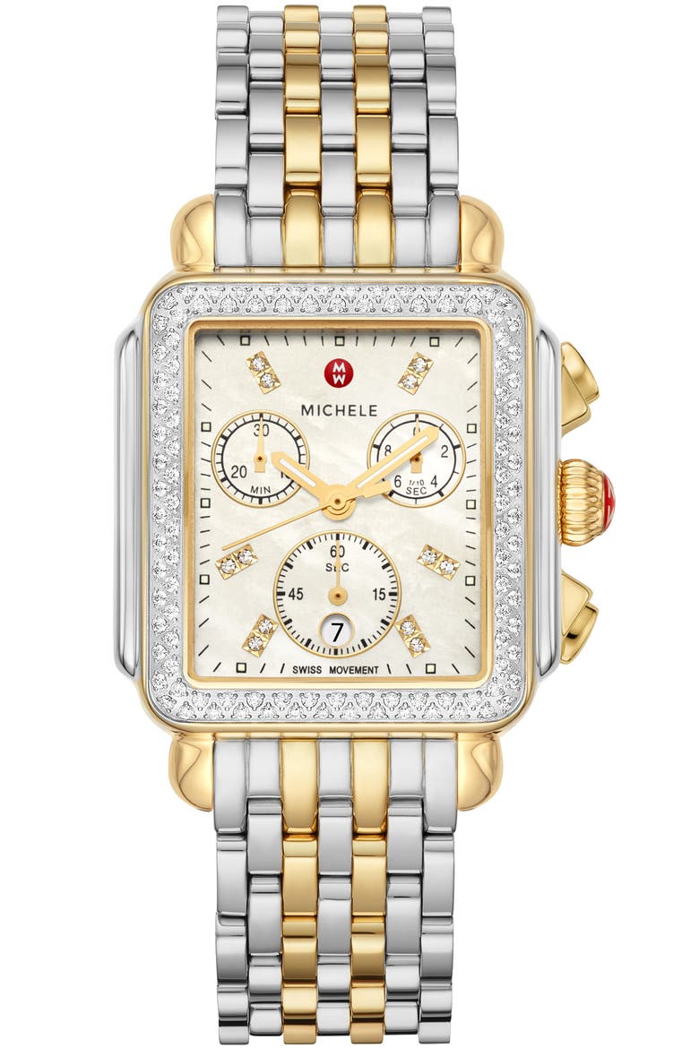 Deco Diamond Chronograph Bracelet Watch, 33mm, Main, color, TWO-TONE. WHITE MOP DIAL