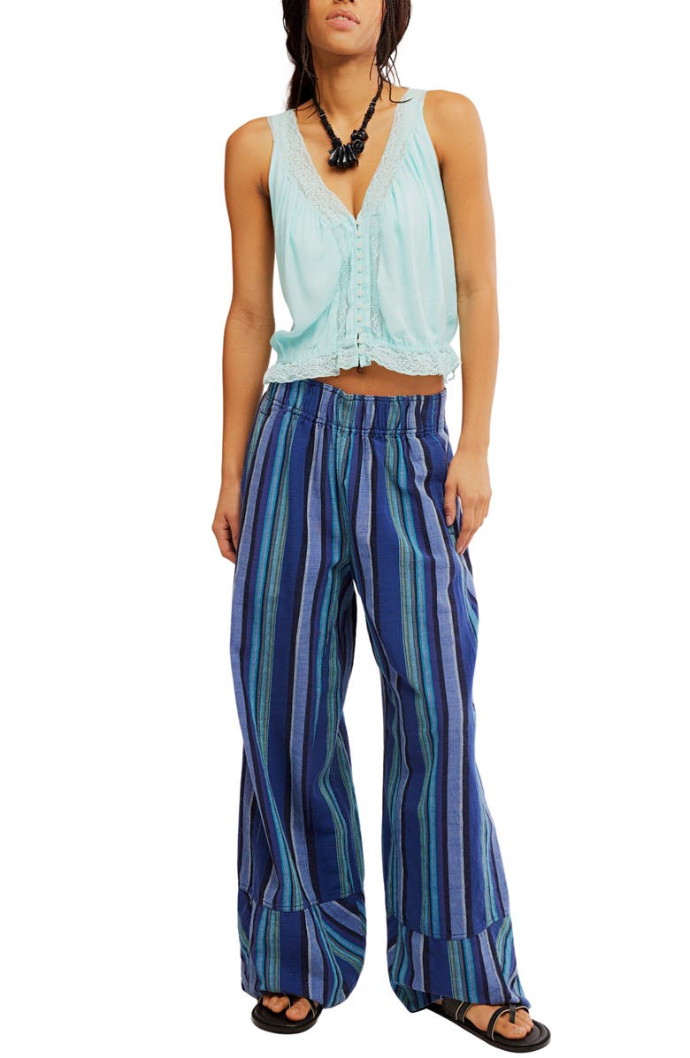 Free People Days End Stripe Wide Leg Linen Pants, Alternate, color, Navy Combo