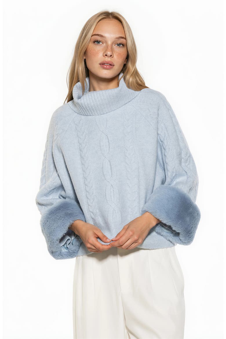 Sarah Faux Fur Cuff Cable Knit Sweater, Alternate, color, ICE BLUE