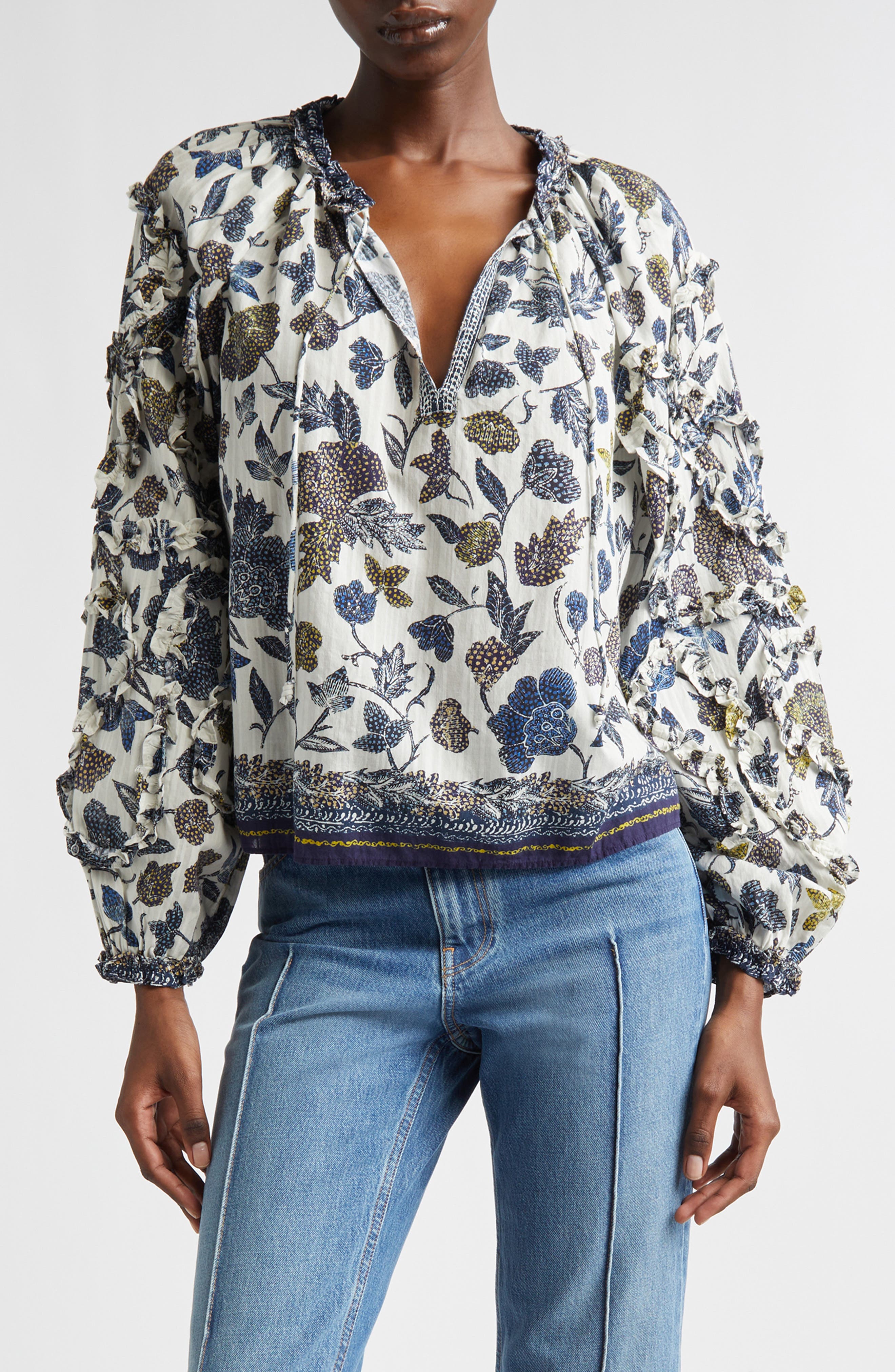 Azrou Floral Ruffle Split Neck Peasant Top