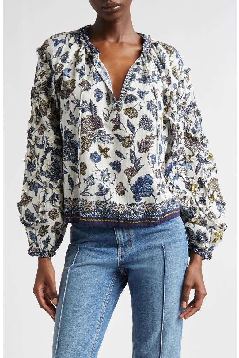 Azrou Floral Ruffle Split Neck Peasant Top, Main, color, PORCELAIN
