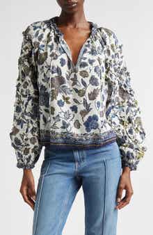 Azrou Floral Ruffle Split Neck Peasant Top