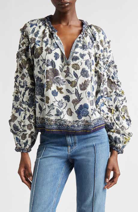 Azrou Floral Ruffle Split Neck Peasant Top